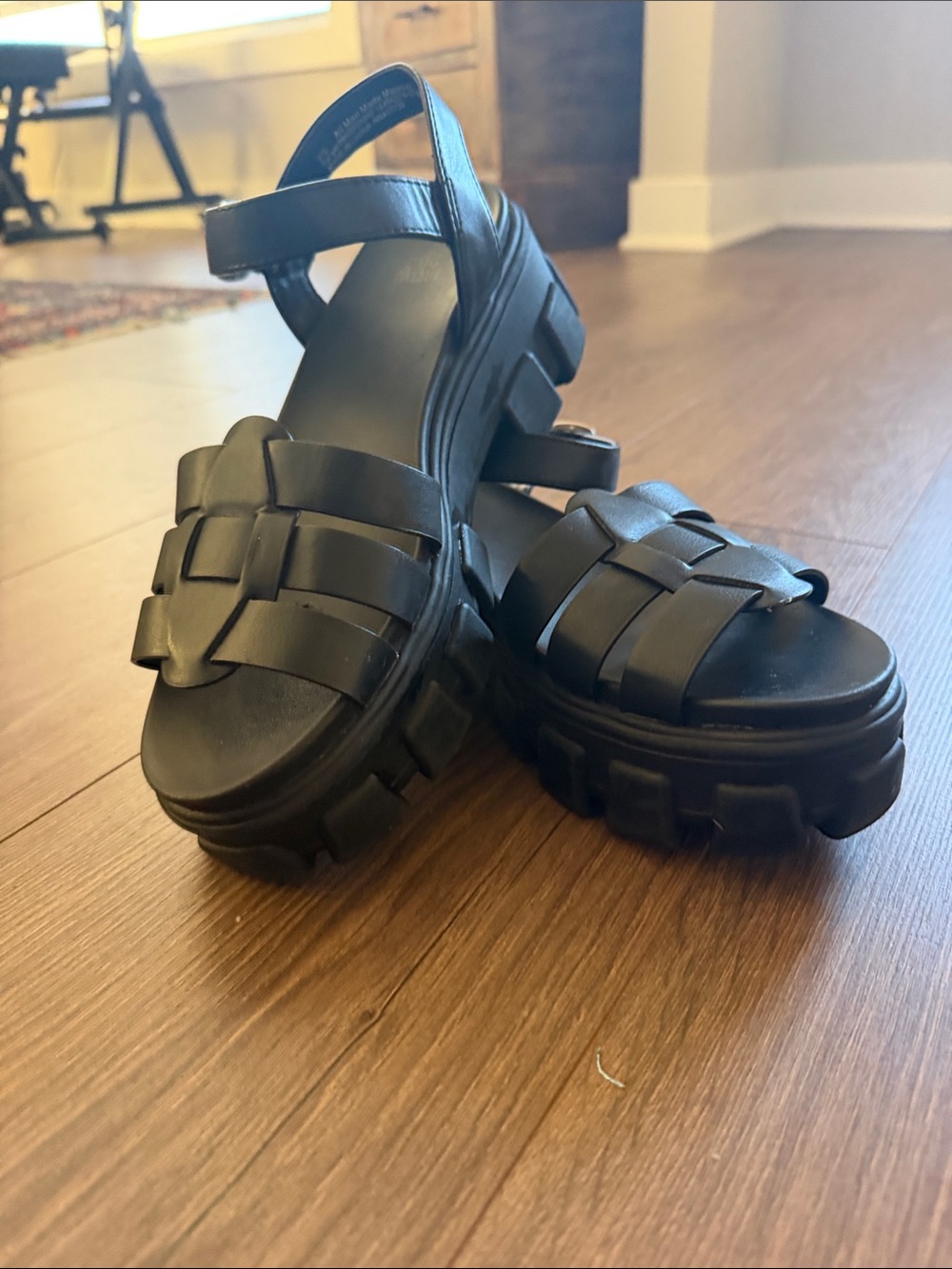 wild fable Black Chunky Lug Platform Woven-Strap Sandals